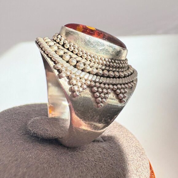 VTG Sterling SIlver 925 Large Oval Amber Rope Border Statement Ring Size 9.75 - Picture 5 of 10